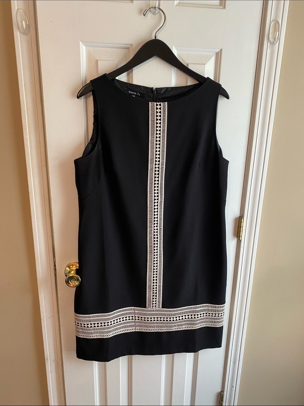 Suite 7 Sleeveless Black Mini 14p Dress with White Geometric Embroidered Trims